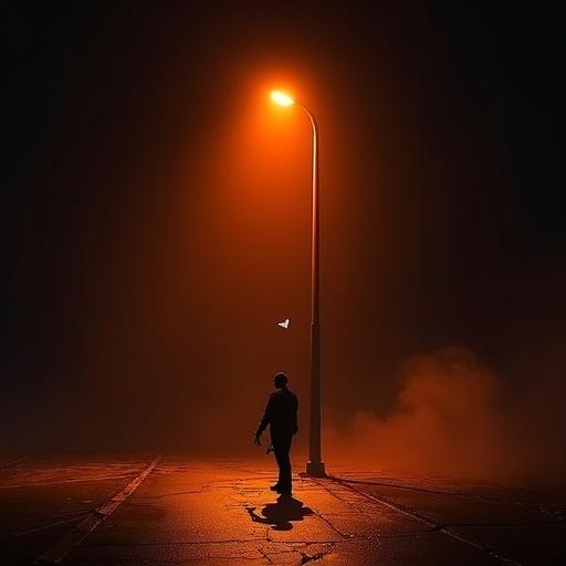 Cinematic hyper-detailed minimalist logo for a rap song. Features a lone flickering orange streetlight at a 45-degree angle casting long shadows on cracked asphalt. Silhouette of a pistol leaning against the light pole in sharp gunmetal gray. A small floating diamond near the light's glow reflecting fiery highlights. Atmosphere includes hazy red-orange mist with a dark background. Gritty photorealistic style with dramatic lighting reminiscent of neo-noir films. No text.