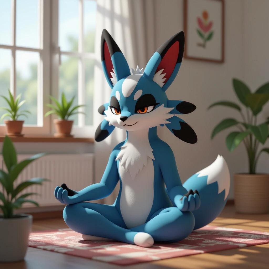 A lucario character with blue and white fur sits cross-legged on a mat indoors. The background includes plants and a window letting in natural light. The character exudes calmness and confidence with a smile.