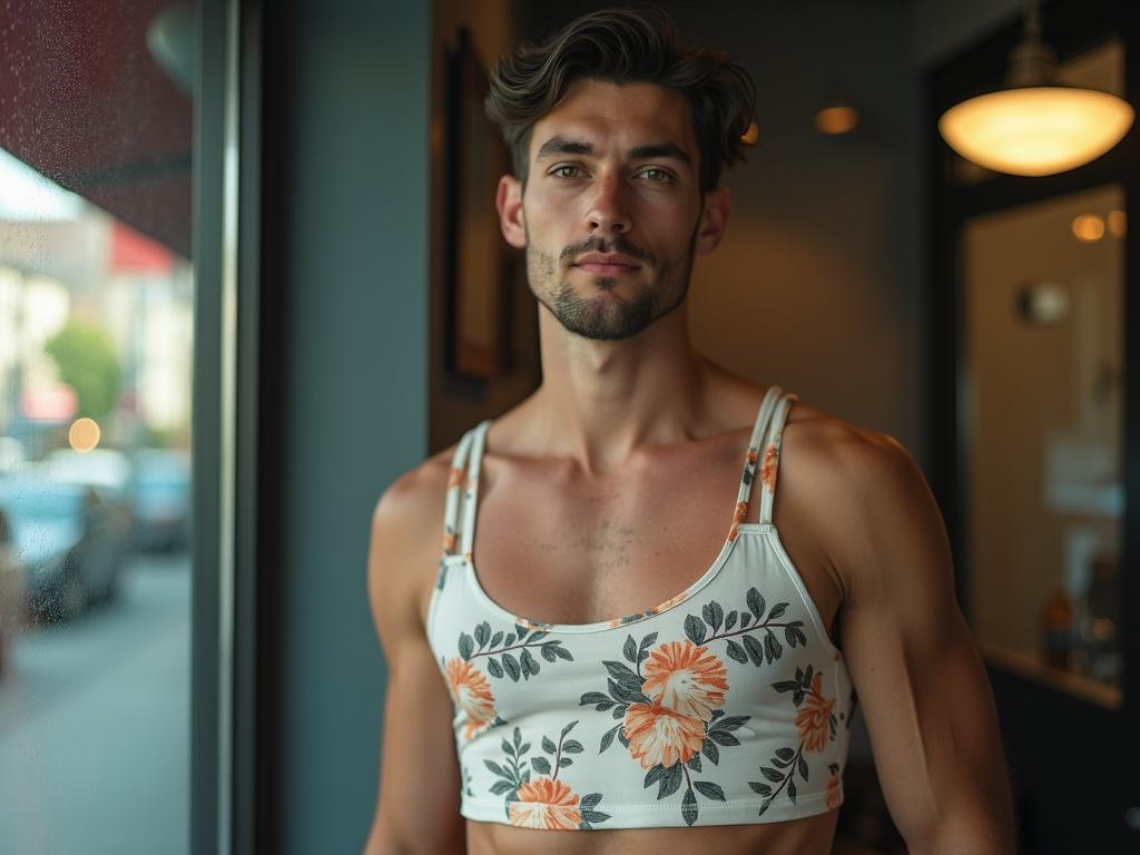 A man with a soft masculine face poses calmly wearing a floral crop top. He has short dark hair and a confident expression. The shot captures him from over 10 meters away across the street, viewed through a large glass window. Reflections and urban elements are visible in the foreground, with a slight atmospheric haze due to distance.