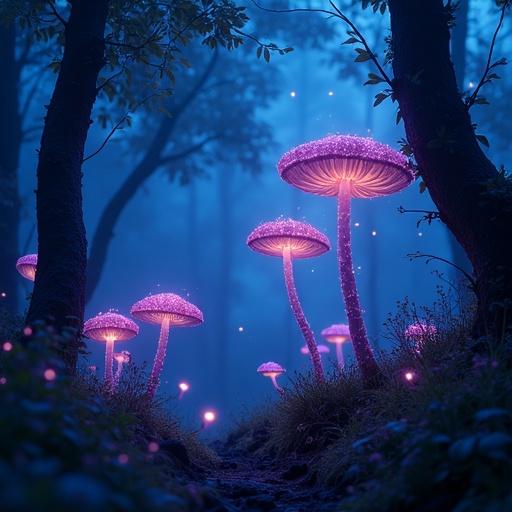A glowing fantasy mushroom forest at night. Bioluminescent plants surround glowing mushrooms. Soft flickering spores fill the air. Gentle fog rests among the trees. Tiny floating lights resemble fireflies. Ambient blue and violet lighting enhances the scene. The image is static. First and last frames must be identical for a seamless loop. 8K resolution with a 9:16 aspect ratio. Ultra high quality. No humans or animals are present.