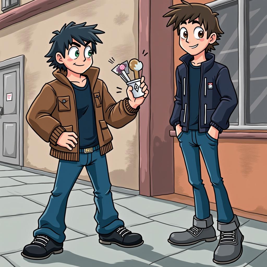 The illustration features two animated characters, both young males. One character with spiky black hair is wearing a brown jacket and is holding a bag filled with snacks. The other character has brown hair and is dressed in a navy blue sweatshirt. They stand in front of a building, with a bright and cheerful atmosphere. The coloring is vibrant, highlighting their casual street style. This scene captures a moment of friendship, excitement, and community vibes.