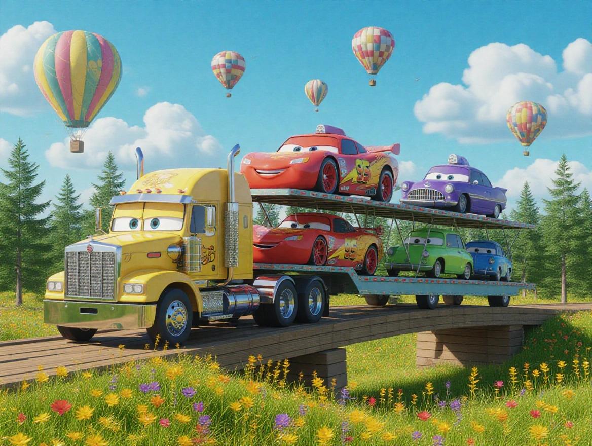 Colorful and cheerful 3D animated image. Four anthropomorphic vehicles create a sense of adventure. A large yellow semi-truck pulls a flatbed trailer. A red McQueen sports car, a purple taxi, a green car, and a blue mini car sit on the trailer. The truck goes over a wooden bridge. A forest background features colorful flowers, a blue sky, fluffy white clouds, and colorful hot air balloons. The image is lively and suitable for children. 3D cartoons, Pixar, Disney style.