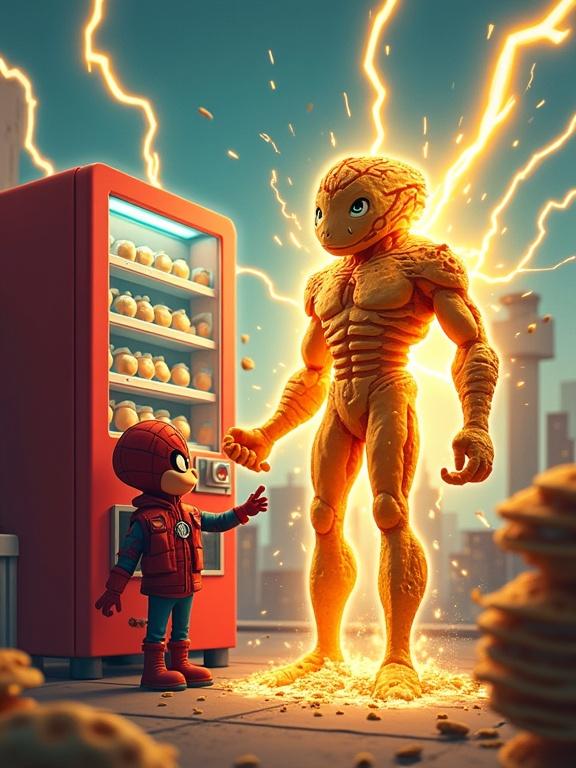 A curious superhero named Web-Boy interacts with a strange vending machine. A bright lightning bolt shoots out. The machine spits out a bizarre superhero suit made of living pancakes. Web-Boy looks shocked and hesitant. Electric sparks and flying crumbs surround the scene. The style is exaggerated 3D cartoon with vibrant colors and surreal comedy.