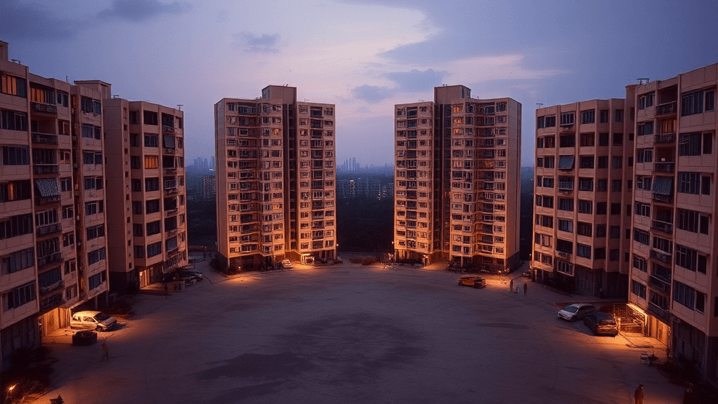 A circular courtyard is surrounded by tall residential buildings under a dusky, purple sky.