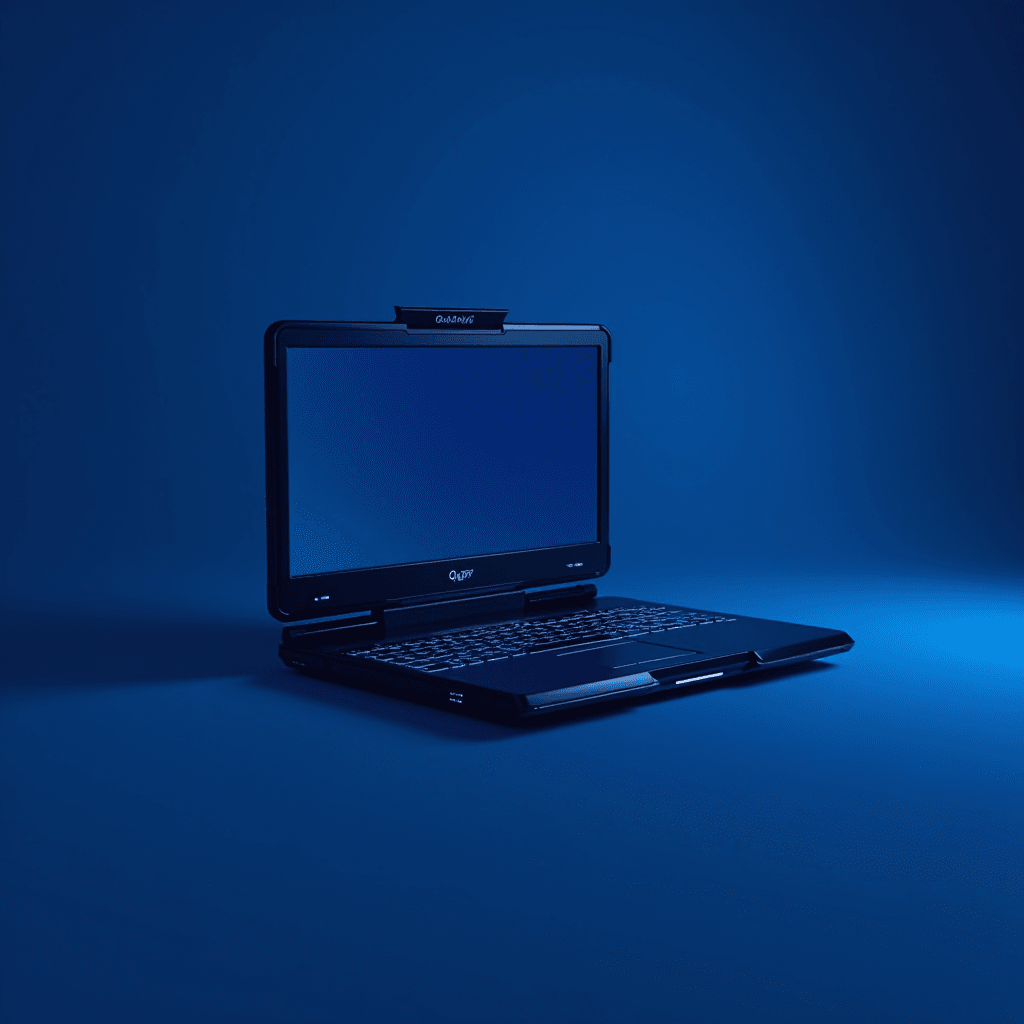 A sleek, dark laptop with a glowing keyboard set against a deep blue background.