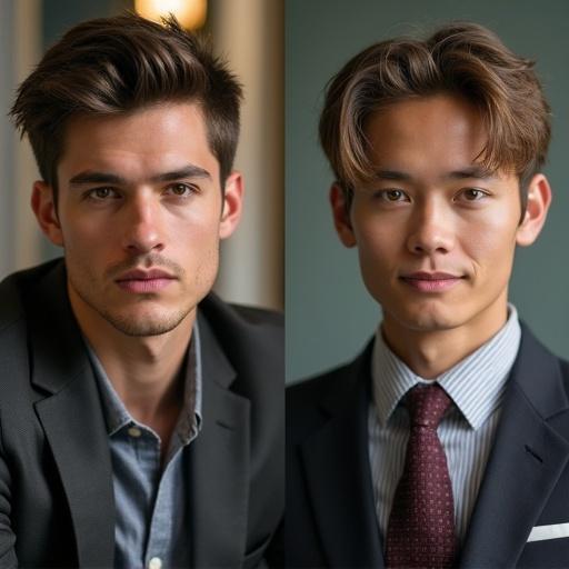 Image depicts two contrasting portrayals of the same character named Hayden. One side shows a nervous new employee sweating and looking anxious. The other side shows a confident veteran relaxed with a coffee. The background features blurred images of office buildings to suggest a corporate environment.