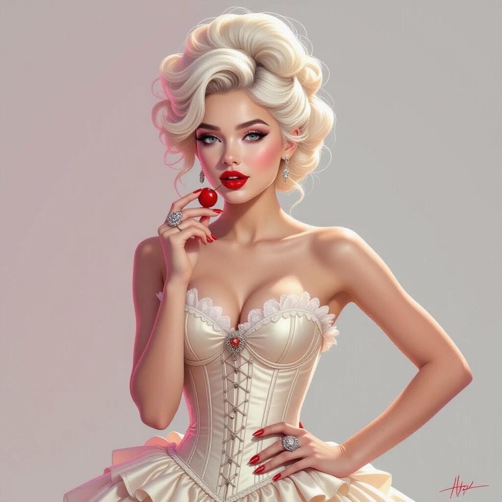 A young woman with pale skin and platinum blonde hair styled in a voluminous updo. She wears a cream-colored corset with lace trim. Holding a red cherry near her lips. Wearing a large ornate ring. Background is a soft gradient of pink and white. Bright and even lighting. Captured from a slightly low angle at eye level. A medium close-up focusing on her upper body and face.