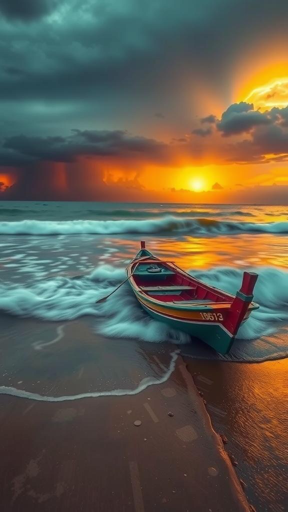 This dramatic image captures a solitary wooden boat resting on a beach, with waves crashing softly around it. The vibrant sunset in the background fills the sky with hues of orange and yellow, contrasting against the dark, moody clouds that suggest an approaching storm. The scene conveys a sense of tranquility and anticipation, as nature's elements harmonize in a striking display.