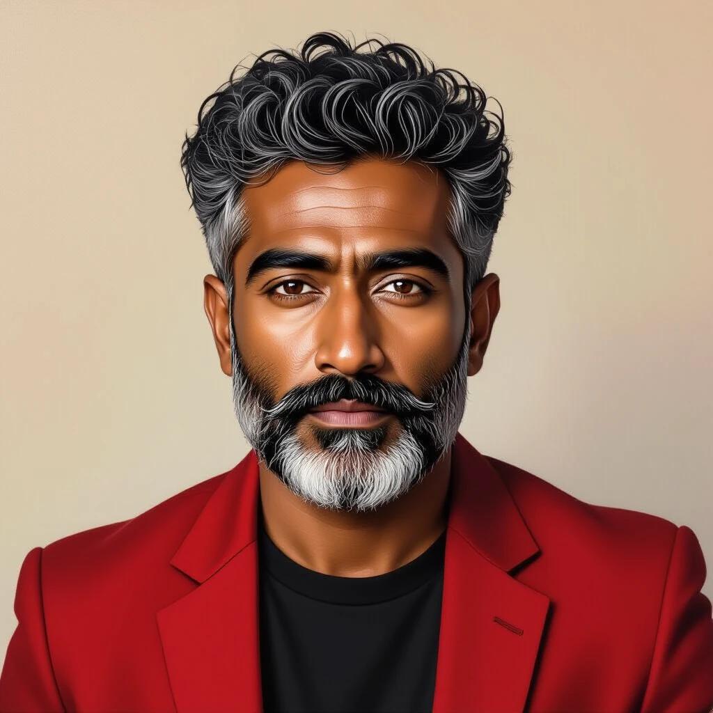 Captivating oil painting showing an Indian man with dark brown skin tone. Slightly overweight build with round face and defined jawline. Deep-set dark eyes focused directly at the camera. Fine wrinkles around eyes. Thick gray curly hair styled in a short afro. Well-groomed full gray beard. Wearing a red blazer over a black t-shirt. Standing with body turned to the left, hands clasped in front. Dark pants. Neutral background with warm soft lighting. High detail and quality art.