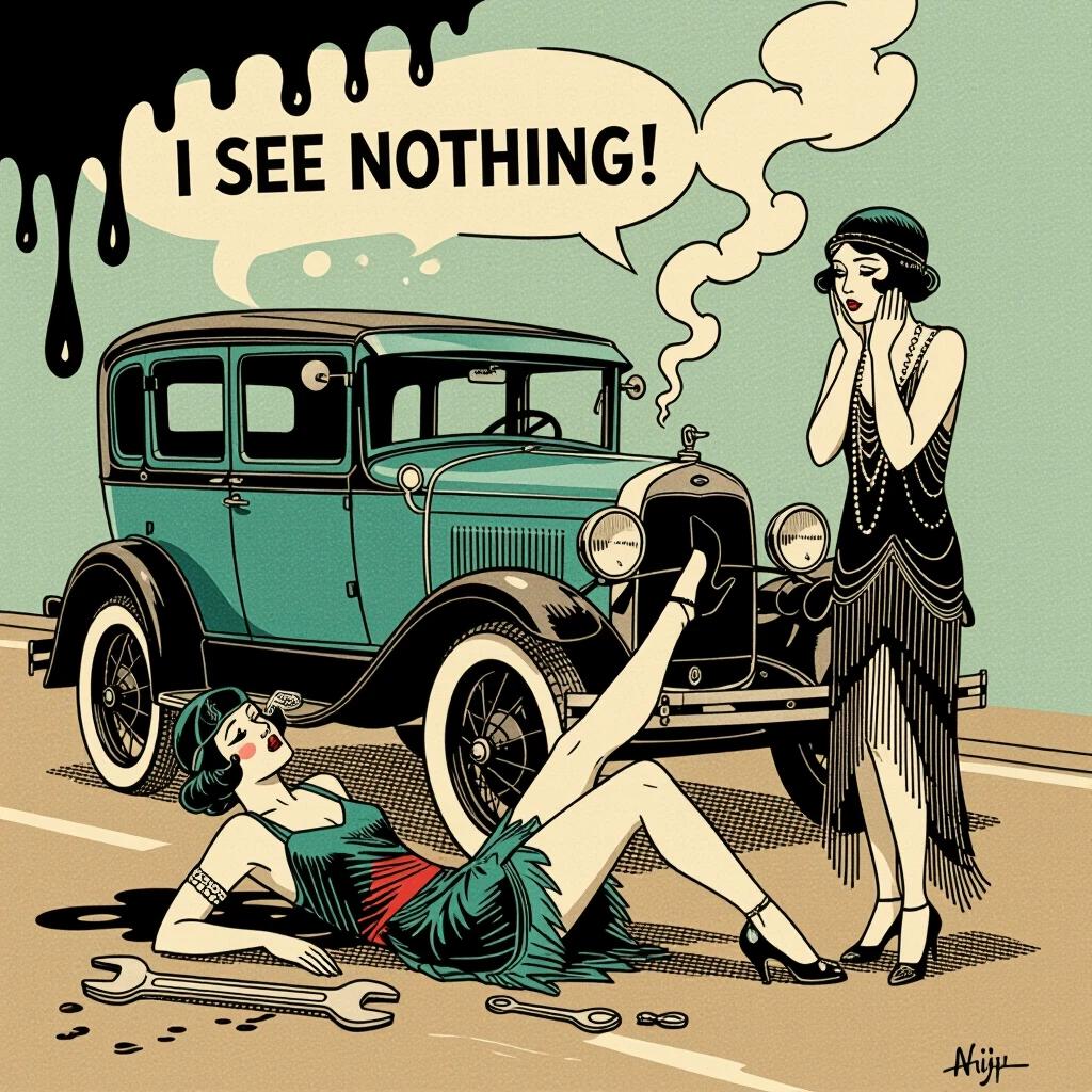 A woman in a flapper dress lies on her back under a vintage Ford Model A. Only her legs and high-heeled shoes are visible. Another woman in a beaded dress stands beside the car, hands pressed to cheeks in despair. An exaggerated oil drip and an oversized wrench enhance the scene. Steam forms the word HELP. The artwork features ink lines and flat colors typical of 1920s comic styles. Text bubble says I see NOTHING. The image uses warm sepia tones with teal accents.