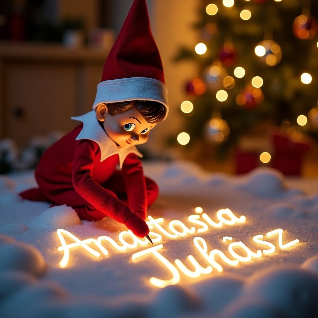 Image depicts an Elf on the Shelf dressed in red. Elf writes in the snow using glowing lights. The name 'Anastasia Juhász' appears artistically. The background features a decorated Christmas tree. The scene has a warm, cheerful holiday ambiance. It captures the joy of Christmas.