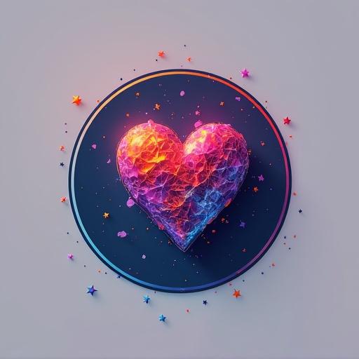 Logo design for a digital creative theme depicting a vibrant and stylized heart shape. Use bright colors and modern aesthetics. Includes surrounding stars and a circular outline.