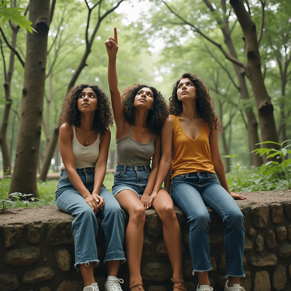 Three young women with curly hair sit on a stone wall in a lush forest, with one pointing upwards.