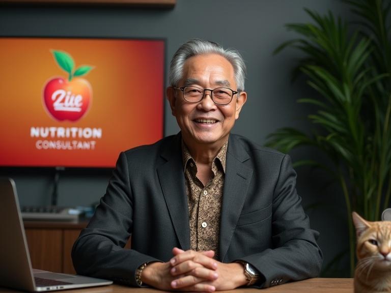 Hyperrealistic photo of a man in his 50s with short thin grey hair wearing a dark grey suit and a beige batik shirt sitting in a modern television studio. The man has a warm smile. Desk includes a laptop and a beautiful cat. Background features a colorful light billboard with text 'GieZie NUTRITION' and logo 'apple'. The nameplate reads 'SUGIONO'. Professional lighting highlights his face.