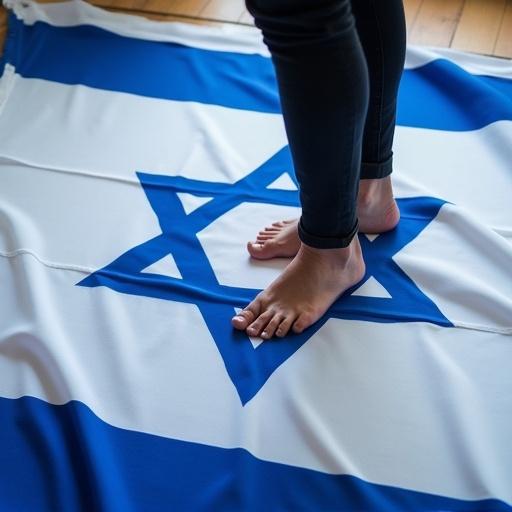 A man stands on the Israel flag with his feet. The flag features a blue star of David on a white field with blue stripes.