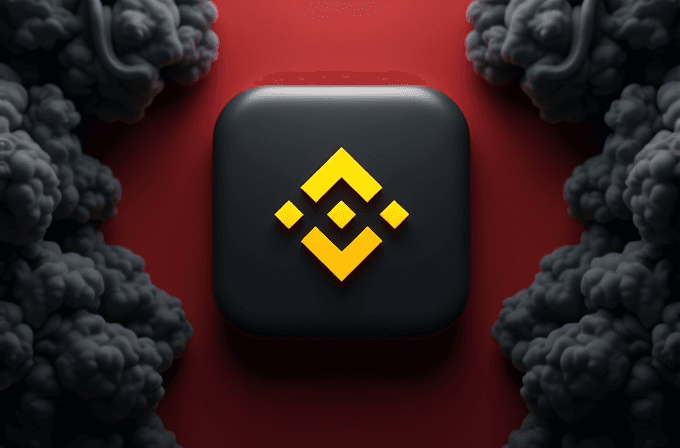 A yellow symbol on a black square contrasts with a dark swirling cloud background on red.