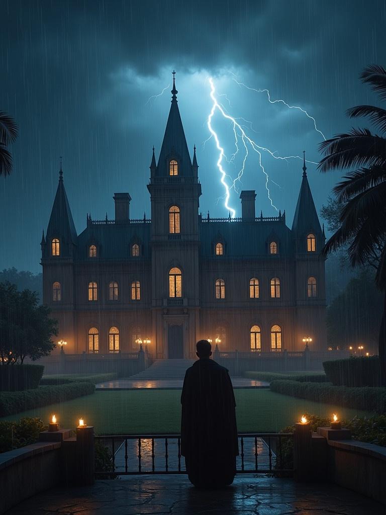 A royal palace is illuminated by lightning on a dark stormy night. The architecture is grand with towering spires and elegant details. A king stands anxiously on a balcony, rain pouring down. The setting includes a large courtyard with dim lights.