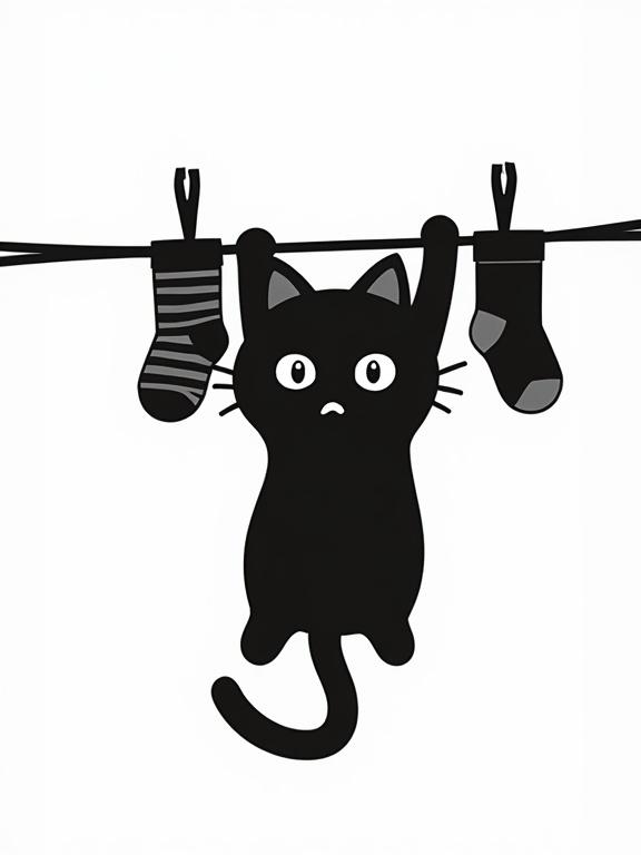 Black silhouette of a funny looking kawaii-style cartoon cat hanging from a clothesline. On the clothesline are two striped socks. The cat looks panicked. Simple black and white style with transparent background.