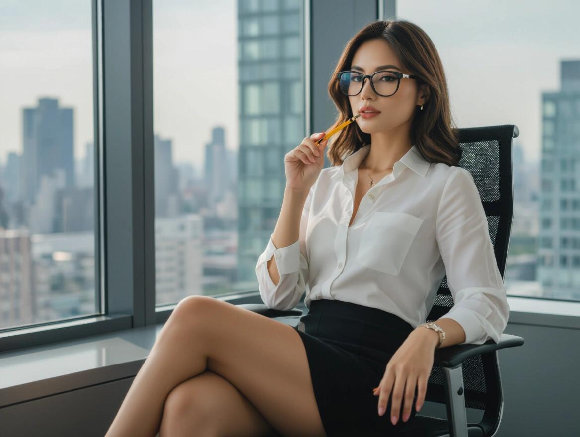 Woman of Asian descent is seated in an office chair. Tall office windows provide a city view. Wearing short business skirt and white blouse complemented by black rimmed glasses. Lightly chewing on a pencil eraser. The setting suggests a professional environment.