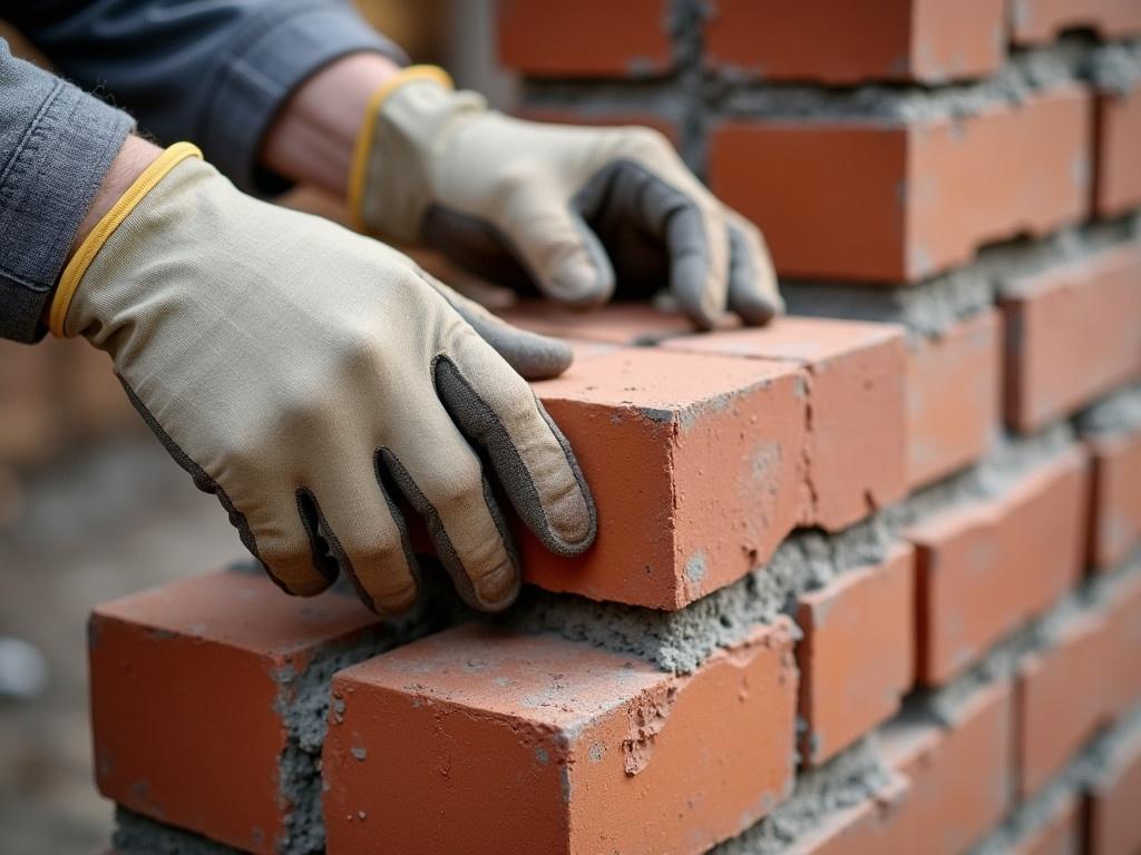 A close-up shot of a hand wearing a glove, carefully placing a brick onto a freshly laid wall of bricks. The bricks are a warm reddish-brown color and are stacked neatly with some mortar visible between them. The background is slightly blurred, focusing on the brickwork and the hand. It's a construction site, indicating that this is part of a building project. The hand appears steady and purposeful, showcasing the skill involved in bricklaying.