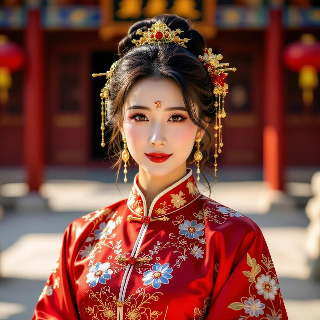 A stunning digital artwork depicts a woman in a luxurious long red robe. Her outfit features golden tassels and jeweled adornments. She wears a golden hair crown. The background is blurred with hints of red pillars. The warm lighting creates a serene and mysterious atmosphere. The overall color tone is dominated by warm hues of red and gold, evoking a sense of nobility and warmth. This piece showcases intricate details with a dreamy visual experience.