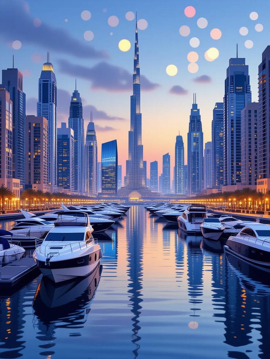 An artistic rendition featuring yachts docked in Dubai Marina at sunset. A background of blurred city lights enhances the view. The design reflects a photorealistic style with artistic elements emphasizing activity at the marina.