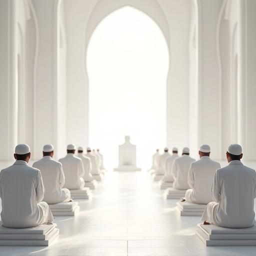 A large room is depicted without a ceiling and walls. The environment is entirely white. There are twenty-four beautifully decorated white thrones. Twenty-four Imams wearing white clothing and turbans are seated on thrones, viewed from behind. A soft radiant light shines upon them, creating a tranquil atmosphere. The image expresses feelings of infinity and spirituality.