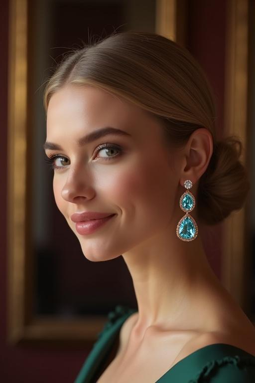 Ultra-HD photorealistic image of an elegant female model with honey-toned skin and sleek blonde chignon. Model wearing pear-shaped gemstone drop earrings. Top stone is iolite; bottom stone is aquamarine. Setting in 18k rose gold. Model's pose shows earring. Styled in backless emerald green satin gown. Lighting is butterfly with colored halos around stones. Captured with 105mm macro lens. Focus sharp on earring with bokeh background. Visible prong settings. Background features art deco interior.
