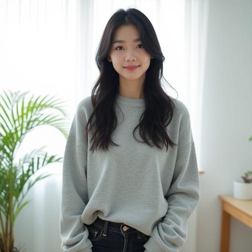 Portrait photograph of a young woman. She is Japanese with long black hair. Wearing a light grey oversized sweater and dark wash jeans. Background has a sheer white curtain and a potted fern. The scene has calm vibes and showcases her gentle smile.
