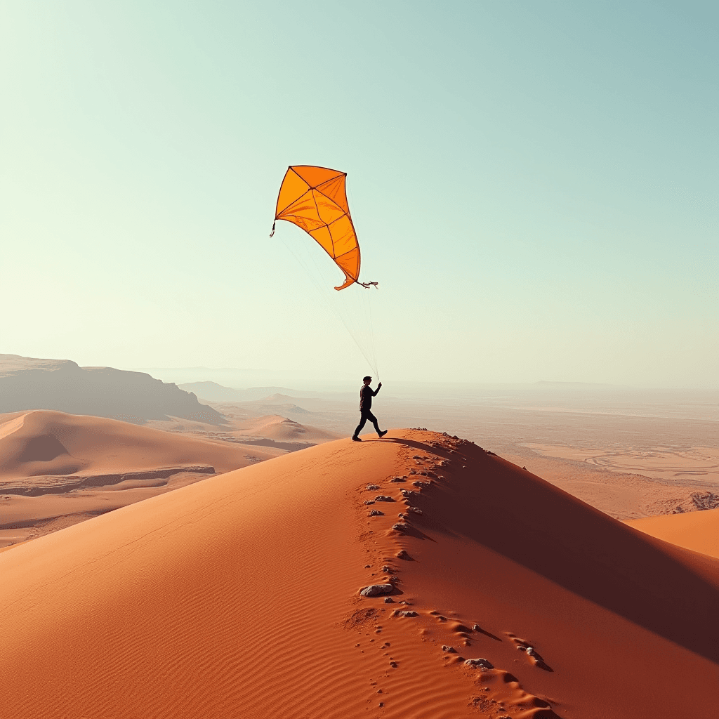 A person flies a bright orange kite on top of a sand dune in a vast desert landscape.