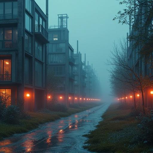 Image of a surreal urban landscape featuring futuristic architecture. Pathway lined with glowing orange street lights. High detailing with sharp textures. The scene conveys an otherworldly atmosphere.