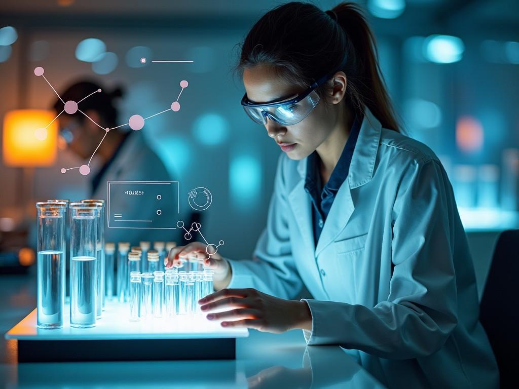 A female scientist working in a modern laboratory setting with test tubes and digital overlays representing data analysis and molecular structures. The atmosphere is futuristic, highlighting innovation and technology.