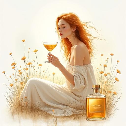 Minimalist watercolor painting of a goddess in a field of wildflowers. Flowing golden-reddish hair and a cocktail liqueur glass. Lower apothecary bottle labeled ‘ALFRUNO’ filled with golden elixir. Evokes mystery and tranquility. Limited color palette with gold, white, and gray.