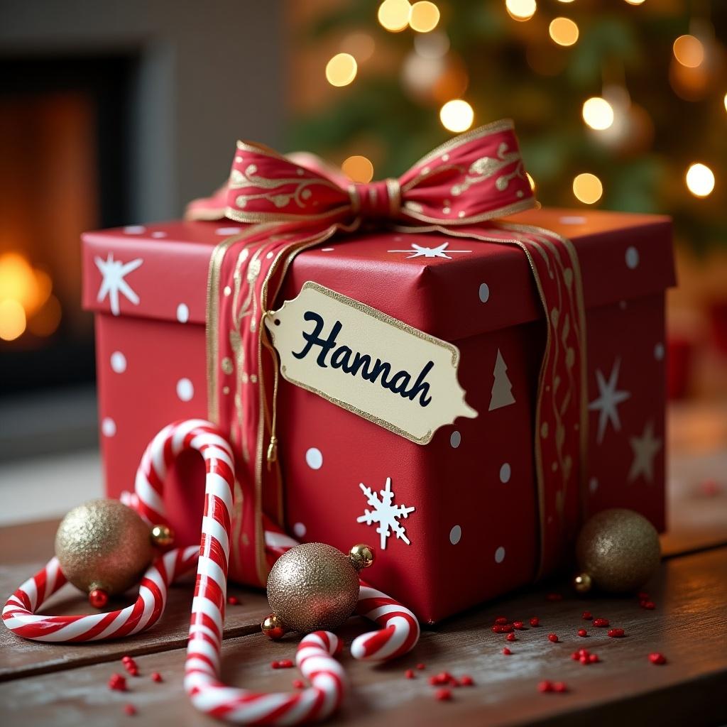 This image features a beautifully wrapped red gift box adorned with a golden ribbon and a tag that reads 'Hannah'. The box is decorated with white snowflakes and stars, adding a festive touch. Surrounding the gift are shiny golden ornaments and a candy cane, enhancing the holiday theme. The background features a soft-focus Christmas tree with twinkling lights, creating a warm and cozy atmosphere. This scene encapsulates the joy and excitement of Christmas gift giving, making it perfect for holiday marketing and festive imagery.