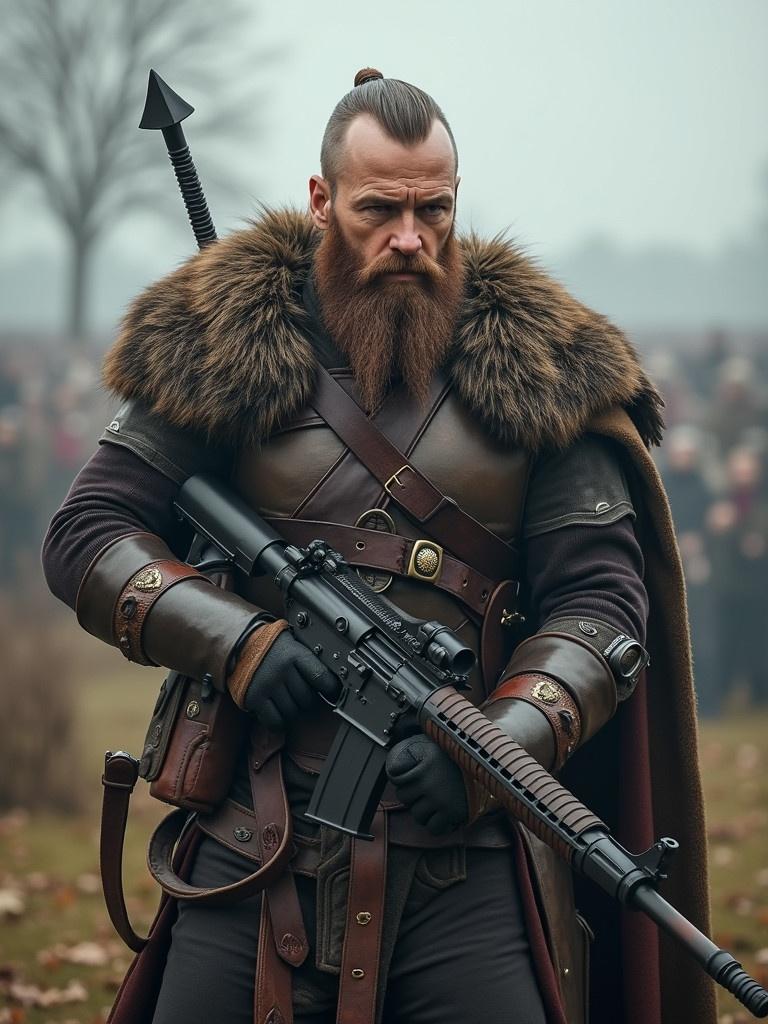 A Viking warrior is holding a modern machine gun. The character wears leather armor with fur accents. Background is blurred with a crowd, creating an atmospheric effect. The warrior stands confidently.