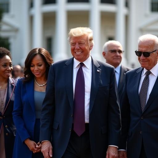A gathering of prominent political figures in front of the White House. Donald Trump stands center with a smile celebrating. Kamala Harris is on the left visibly emotional with tears. Joe Biden is on the right smiling in camaraderie. Taylor Swift is present reflecting on the moment. The scene is set in bright daylight at the White House.