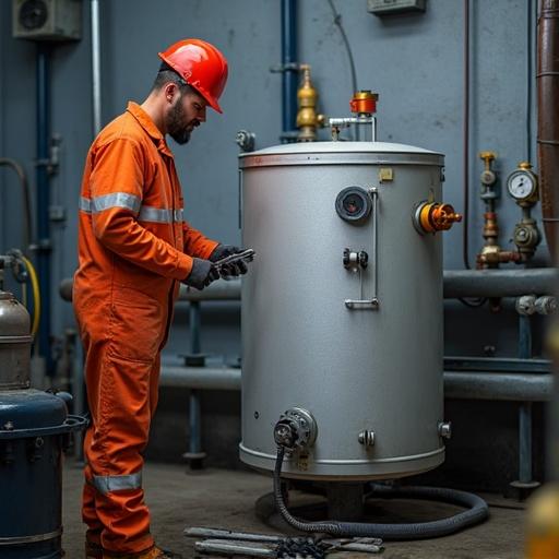 Maintenance operator performing level purging on a fire-tube boiler
