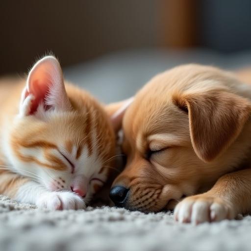 Ultra realistic photo of a cute sleeping kitten and puppy. The kitten is ginger with white stripes. The puppy has a fluffy light brown coat. They are resting close to each other with their eyes closed. The background is softly blurred to emphasize the pets.