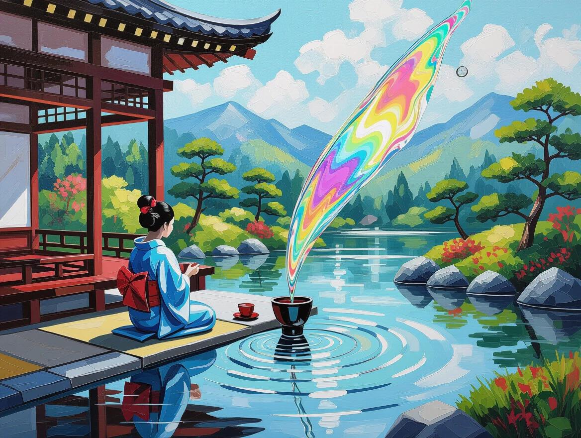 Impasto painting depicts a serene Japanese tea ceremony. A girl sits near calm water with a backdrop of mountains and trees. A colorful holographic splash breaks the tranquility of the scene. The Y2K style adds a unique touch to this hyperdetailed artwork.