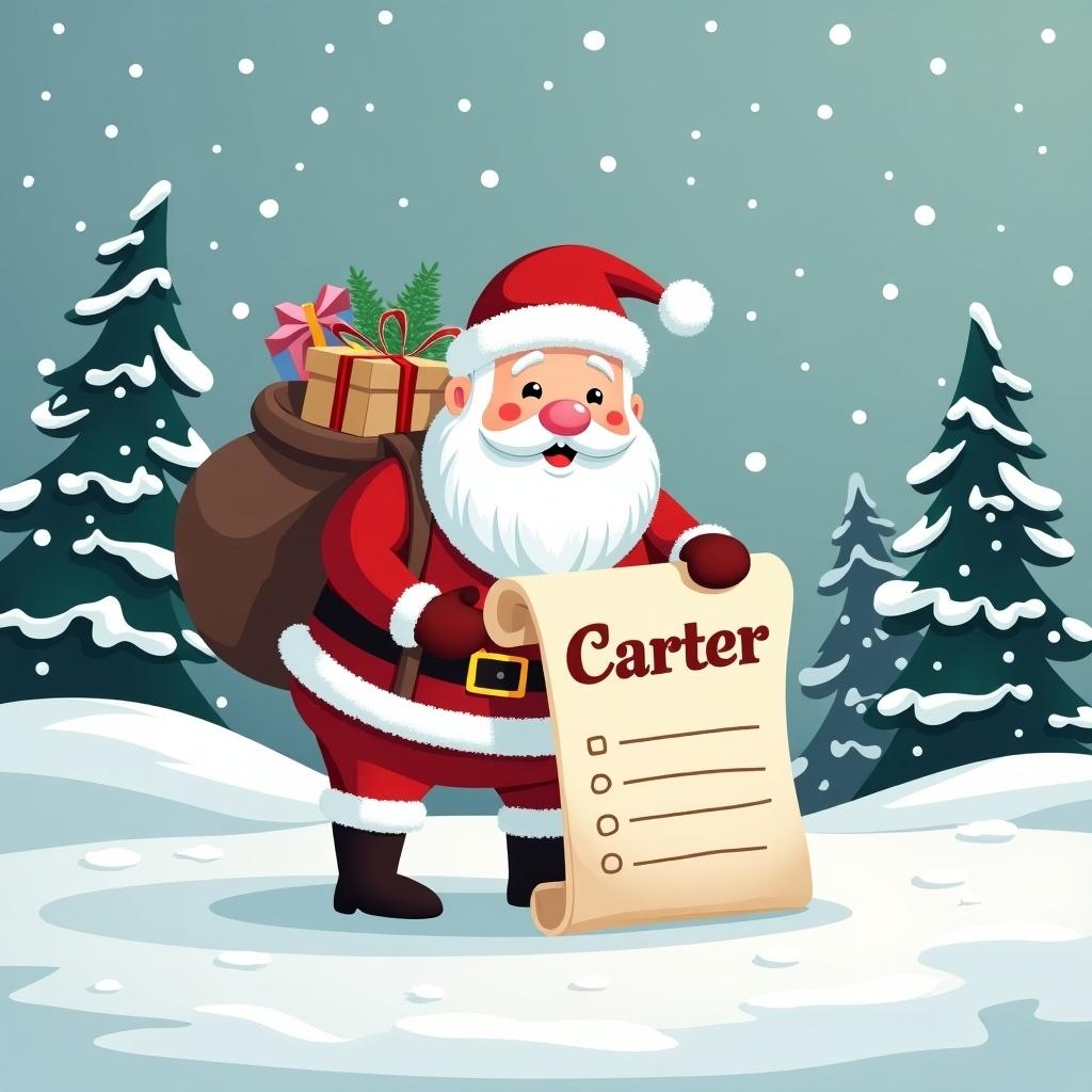 Charming snowy landscape with Santa Claus holding a nice list saying Carter. Snowflakes falling and Christmas trees in the background. Santa has gifts in his sack.