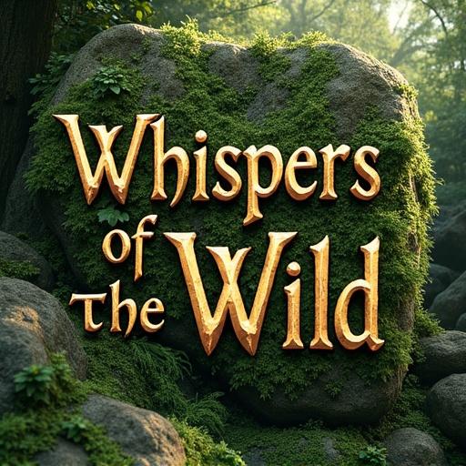 Text reads 'Whispers of the Wild'. Organic letterforms mirror vine growth. Letters grow from ancient stone. Covered in moss. Deep greens and earth tones featured. Dappled sunlight adds softness. Mystical fantasy style with high detail.