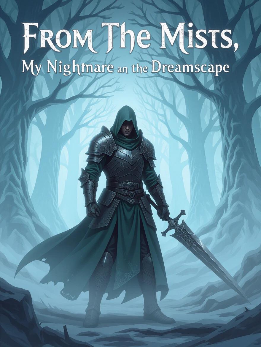 A hooded figure stands in an ethereal forest. The figure wears dark armor and holds a sword. Mist surrounds the scene creating a mysterious atmosphere. Trees loom in the background casting shadows. The overall tone is dark and dreamlike.
