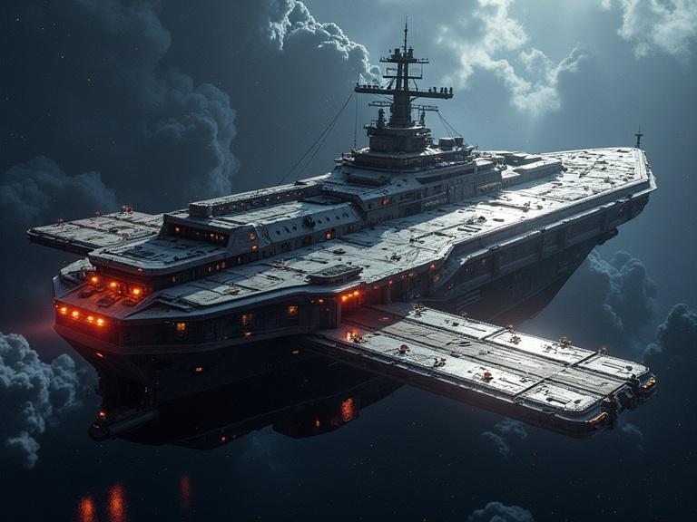 Image of a galactic freighter from rear view showing the boarding ramp. Dramatic lighting enhances the futuristic design.