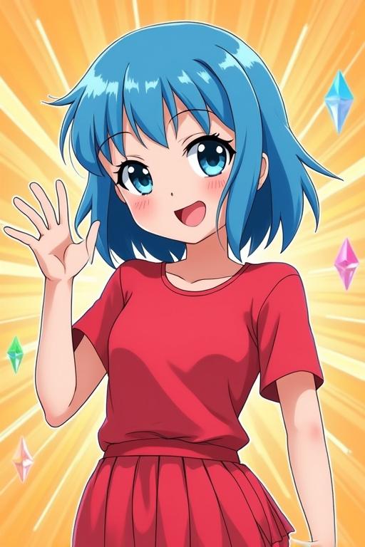 Anime-style illustration focuses on a cheerful girl. She has bright blue eyes and medium-length blue hair. She wears a vibrant red outfit. The girl is waving with her right hand. The background is colorful and bright, in a comedic anime style.