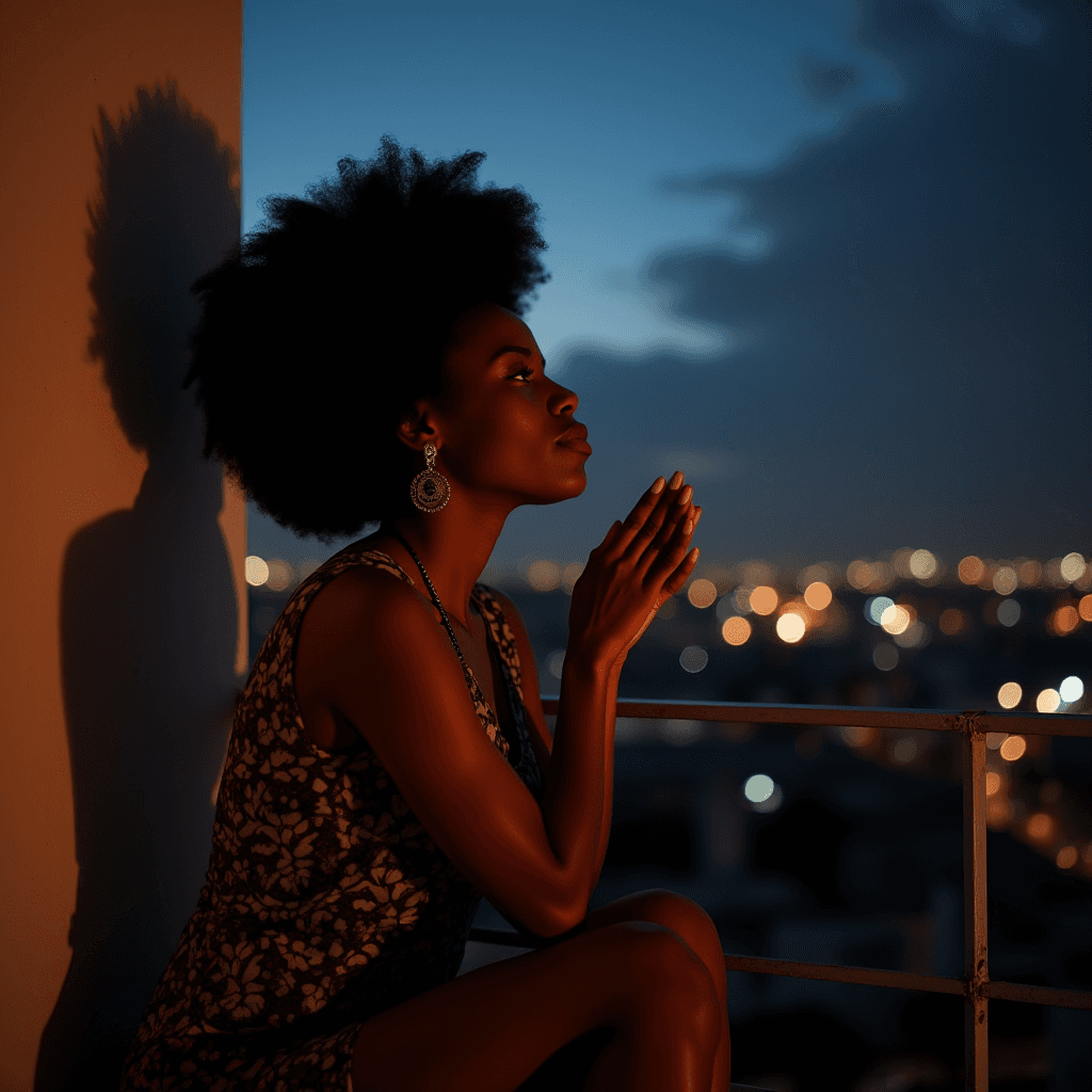 A woman on a balcony at dusk, deep in thought, against a city lights backdrop.