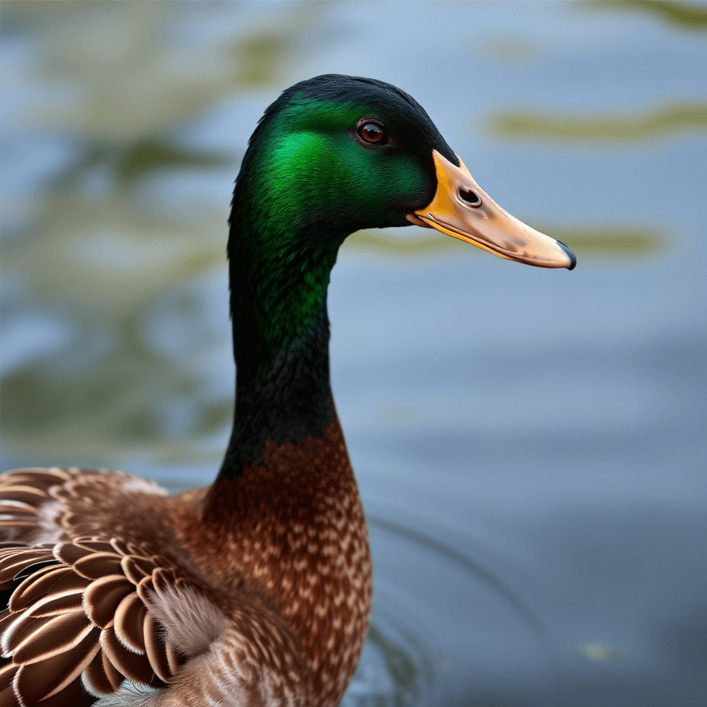 This image features a close-up view of a male mallard duck, recognizable by its iridescent green head, distinctive yellow bill, and striking brown plumage. The lighting highlights the glossy texture of the feathers, showcasing a spectrum of green and blue shades on its head. The water in the background is blurred, creating a calm and serene ambiance that contrasts with the vivid detail of the duck. The overall composition emphasizes the duck's elegant beauty and natural colors.