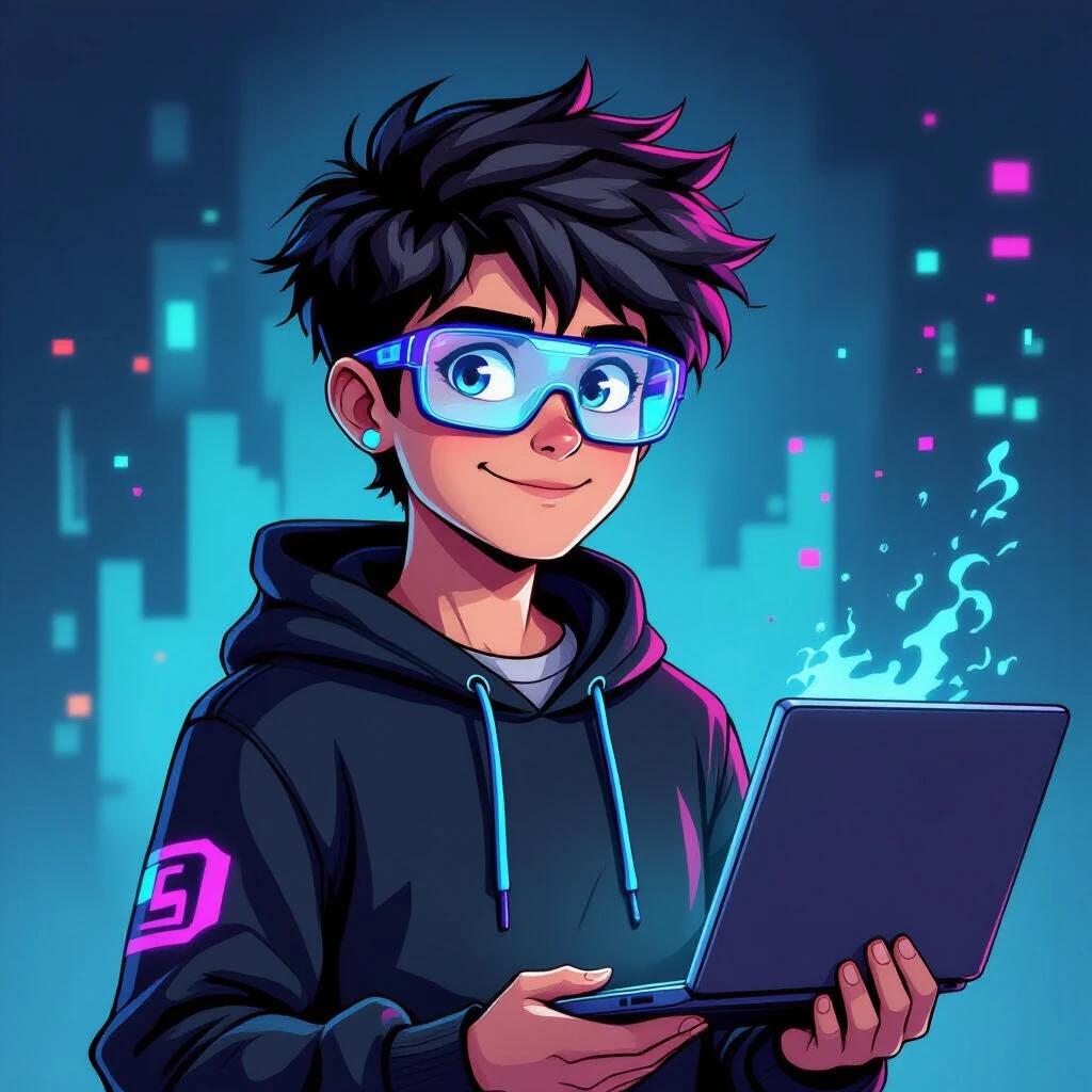 Illustration of a character with short messy hair and futuristic glasses. Character wears a dark hoodie with neon accents. Background features digital glitch effects. Soft lighting enhanced character's facial expression while holding a floating laptop confidently.