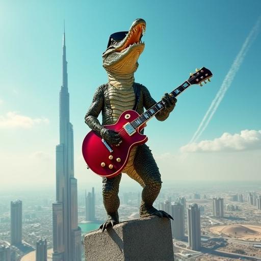 Crocodile on the top of Burj Khalifa. Crocodile has sunglasses and guitar. The guitar is metallic red. It is a clear day in Dubai. The skyline is visible below. The image shows a low angle view.