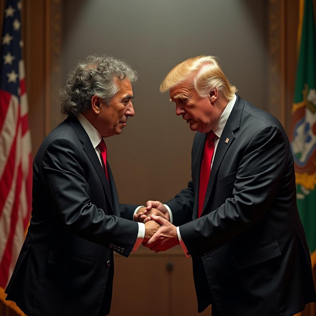 A dramatic moment between two political figures captured during a tense handshake. The scene reflects a confrontation or negotiation.