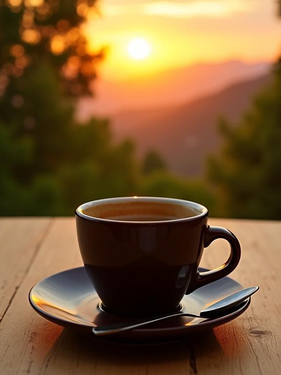 Coffee cup on a saucer with a spoon on a wooden table. Scenic sunset visible in the background. Lush green trees surround the scene. Warm, inviting atmosphere.